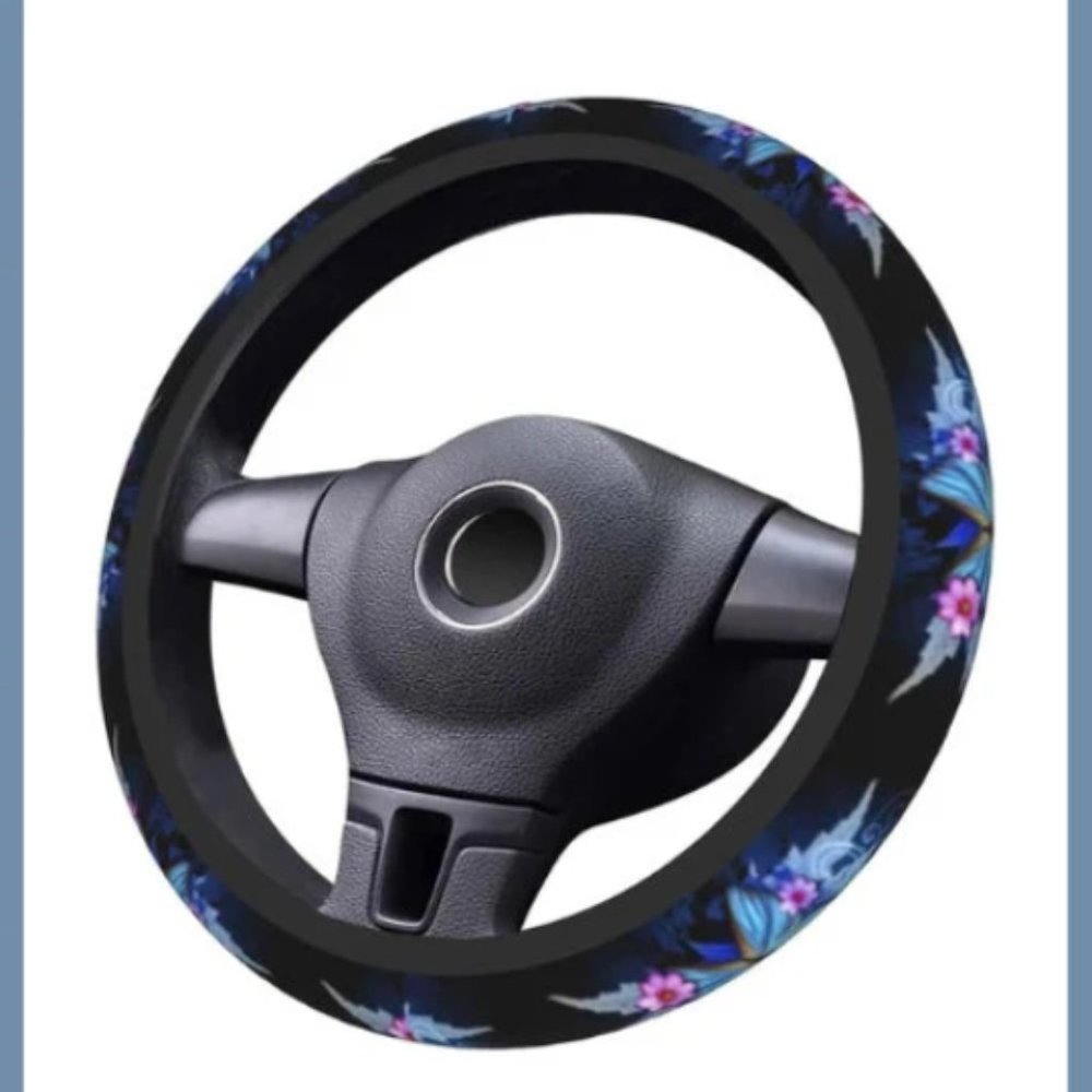 15" Handmade Blue Butterfly Steering Wheel Cover for Women, Elastic Band